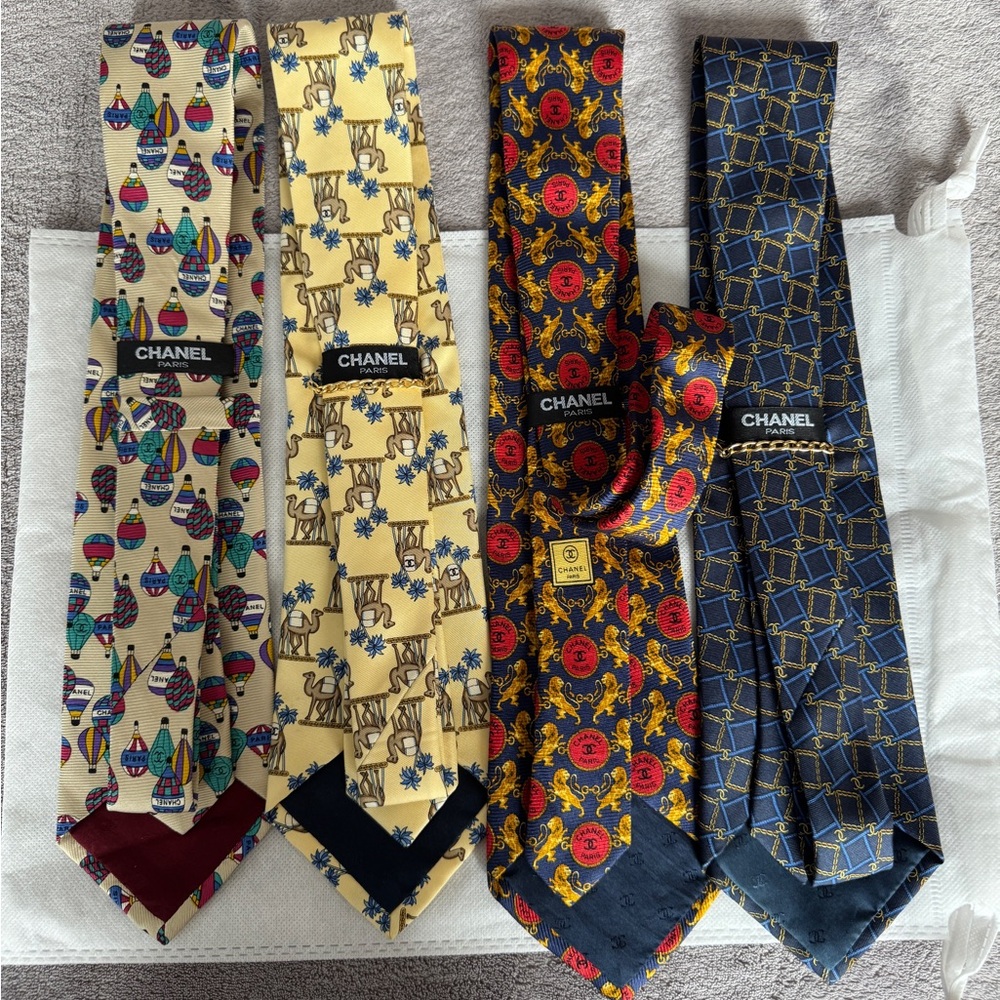 CHANEL Silk Tie Collection Set (4) CC Logo Balloon Camel Medallion Geometric